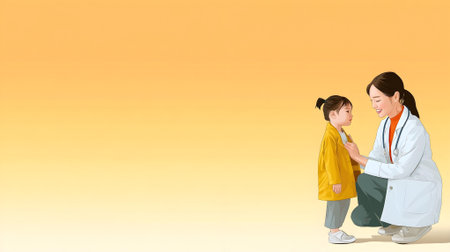 Asian female doctor and little girl in medical uniform standing on yellow background.ai generatedの素材