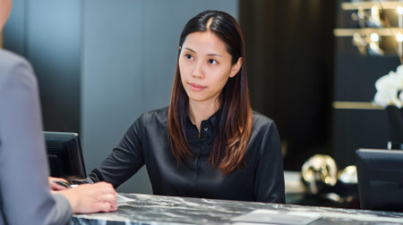 Asian businesswoman talking to customer in hotel lobby. Asian business woman sitting at reception desk and looking at camera.ai generatedの素材