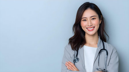 Portrait of asian doctor woman with stethoscope on grey background.ai generatedの素材