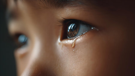 Close up of a child's eyes with tears. Selective focus.ai generatedの素材