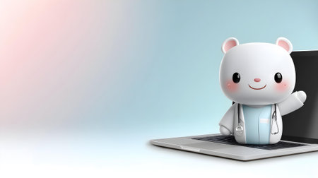 cute polar bear with stethoscope and laptop computer - 3d rendering.ai generatedの素材