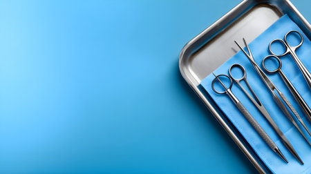 surgical instruments on a blue background with space for text. close up.ai generatedの素材