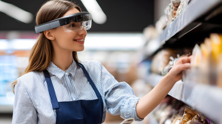 beautiful young woman in augmented reality headset choosing food in grocery store.ai generatedの素材