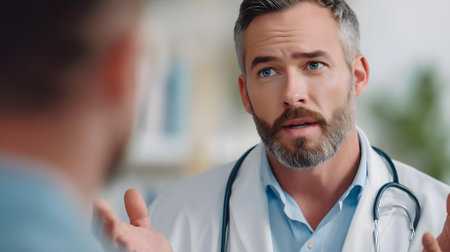 close up of male doctor with stethoscope talking to patient in hospital.ai generatedの素材