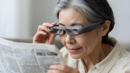 asian senior woman reading newspaper and wearing eyeglasses at home.ai generatedの素材