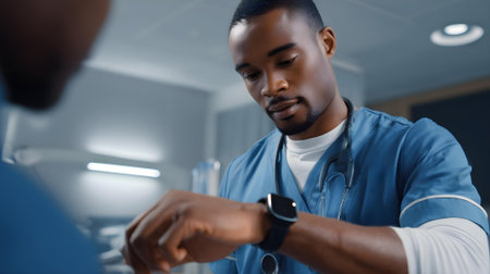 selective focus of  doctor looking at wristwatch.ai generatedの素材