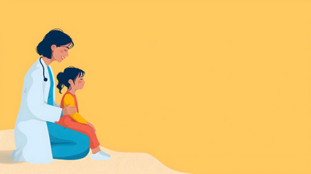Mother and son on the beach with a stethoscope. Vector illustration.ai generatedの素材