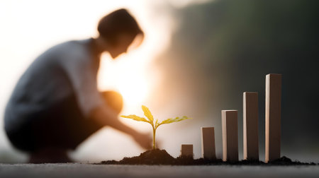 Silhouette of businessman planting a tree on the ground with graph chart.ai generatedの素材