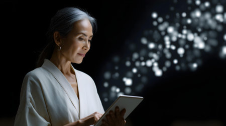 Businesswoman using digital tablet in dark office. Businesswoman using digital tablet at night.ai generatedの素材