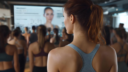 Rear view of sporty young woman looking at camera while standing in fitness studio.ai generatedの素材
