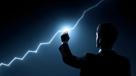 Businessman in darkness touching with finger glowing graph. 3d rendering.ai generatedの素材