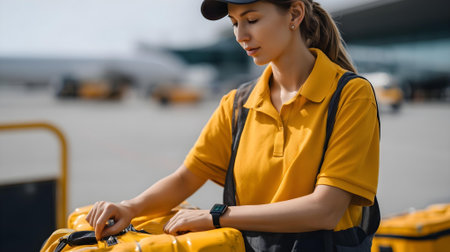 selective focus of young woman in yellow uniform looking at travel bag.ai generatedの素材