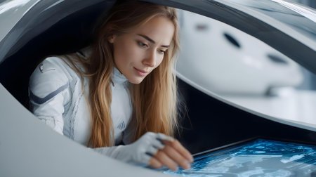 high angle view of smiling young woman using augmented reality headset in car salon.ai generatedの素材
