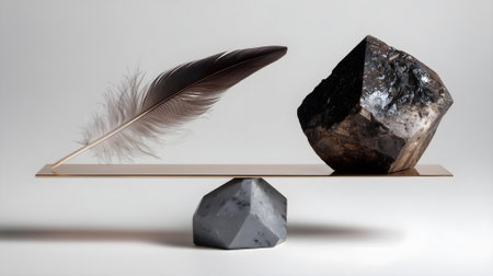 Feather and stones on a balance scale. 3d illustration.ai generatedの素材