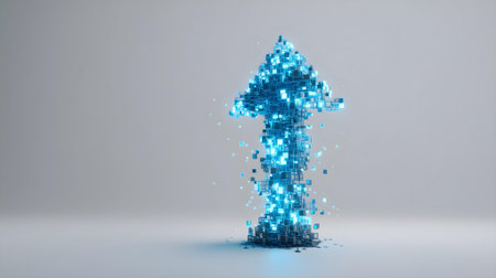 3D rendering of a blue arrow made of cubes in front of a grey background.ai generatedの素材