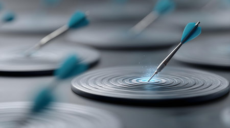 Darts hitting the center of a target. 3d illustration.ai generatedの素材