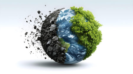 Earth planet with black soil and green leaves on white background. 3D rendering.ai generatedの素材