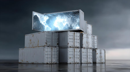 Cargo shipping container with world map in the sky. 3D rendering.ai generatedの素材