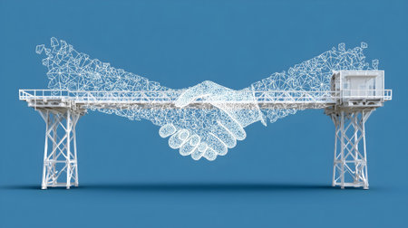 Conceptual image of handshake made of polygonal wireframe hands on blue background.ai generatedの素材