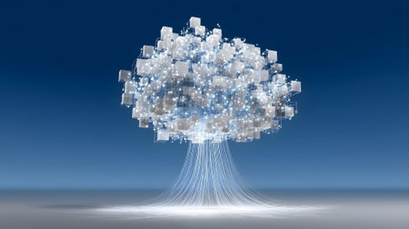 3d rendering of a tree made of binary code on a blue background.ai generatedの素材