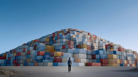 Conceptual image of businessman looking at large container stack. Mixed media.ai generated.ai generatedの素材