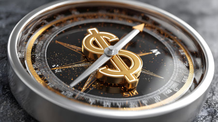Closeup of a Compass with Dollar Symbol on it. 3D Render.ai generatedの素材