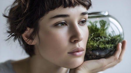 Beautiful young woman holding a glass bowl with a green moss inside.ai generatedの素材