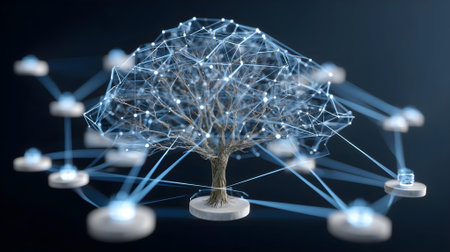 Digital composite of 3D tree with connection lines and dots against blue background.ai generatedの素材