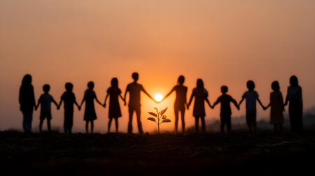 Silhouette of a group of children holding hands and looking at a tree in the sunset.ai generatedの素材