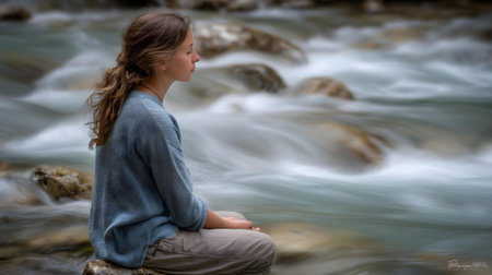Young woman sitting on a rock in front of a mountain river.ai generatedの素材