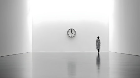 3d rendering of a woman walking in a white room with clock.ai generatedの素材