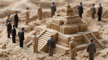 Miniature people : Businessman stand on sand building a sand castle.ai generatedの素材