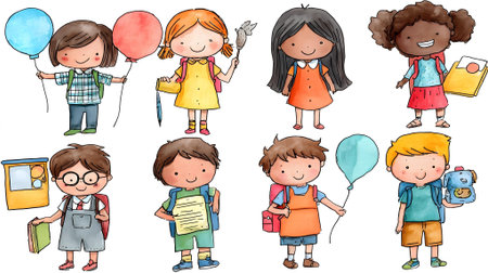 Illustration of a group of children holding balloons and books on a white background.ai generatedの素材