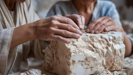 Close up of woman carving a piece of stone with her hands.ai generatedの素材