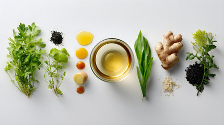 Herbs and spices with cup of tea on white background, top view.ai generatedの素材