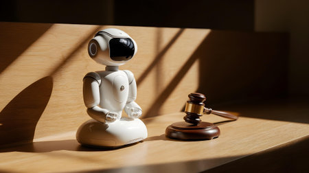 Judge's gavel and toy robot on a wooden table in the sunlight.ai generatedの素材