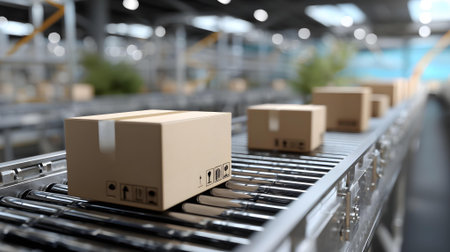 Cardboard boxes on conveyor belt in warehouse, 3d rendering.ai generatedの素材