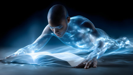 Digital composite of 3D female figure reading a book with blue light.ai generatedの素材