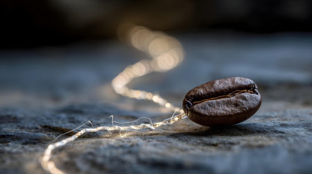 Coffee beans on a wooden table with bokeh background.ai generatedの素材