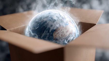 Planet earth in a cardboard box with smoke. 3D illustration.ai generatedの素材