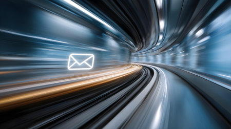 Abstract motion blur of high speed train moving through tunnel with email symbol.ai generatedの素材