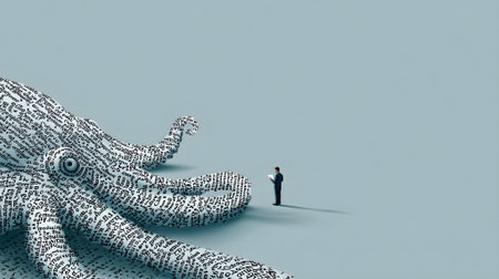 Conceptual image with a man looking at a big octopus.ai generatedの素材