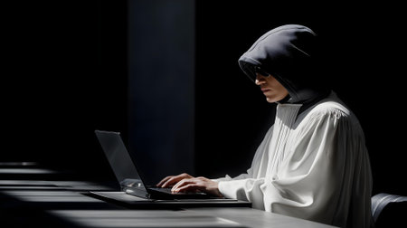 Hacker in white robe using laptop on dark background. Cybercrime concept.ai generatedの素材