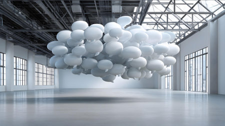 3d rendering of white balloons floating in a room with large windows.ai generatedの素材