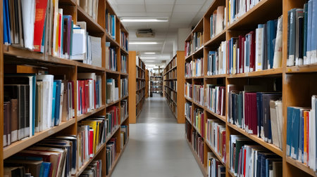 Bookshelves in a public library. Selective focus on the foreground..ai generatedの素材