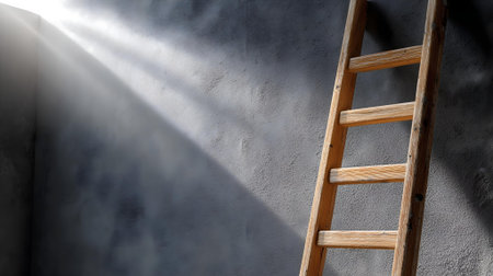 Wooden ladder on grey wall background with rays of light and shadow.ai generated.ai generatedの素材