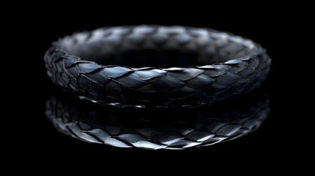 Black snake skin bracelet isolated on black background with reflection, close up.ai generatedの素材