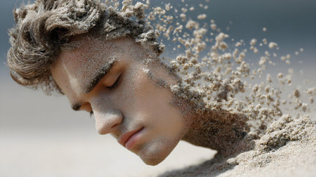 Close-up portrait of a beautiful young woman lying in the sand.ai generatedの素材