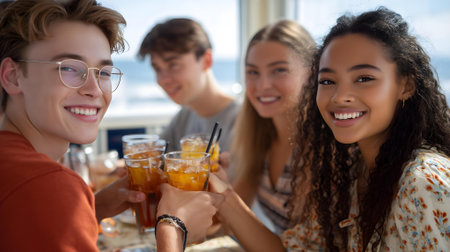 Group of young friends having fun in a cafe, talking and laughing.ai generatedの素材