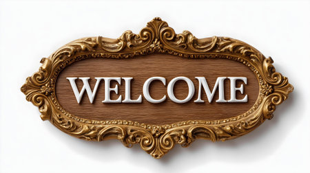 Welcome wooden sign on a white background with space for text or image.ai generatedの素材